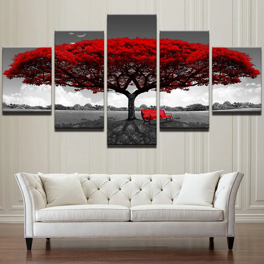 5 Pieces Red Tree Paintings