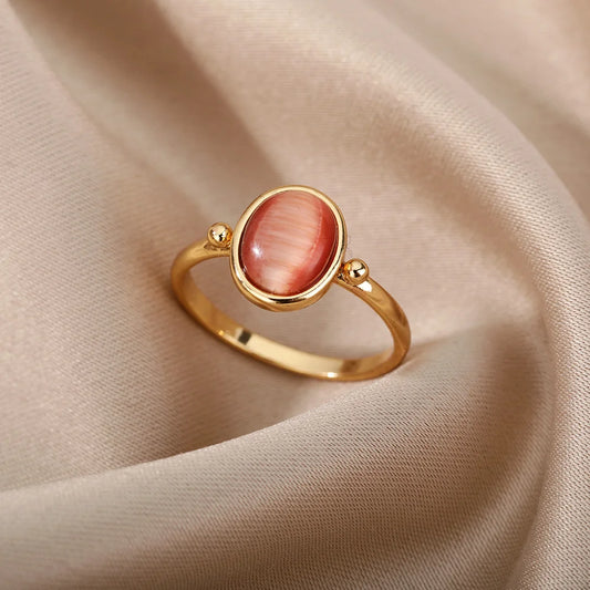 Women Red Opal Ring Stainless Steel